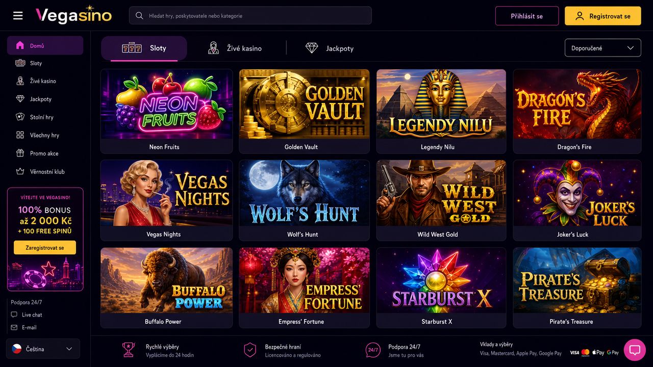 Obrázek s logem Vegasino a nabídkou her
