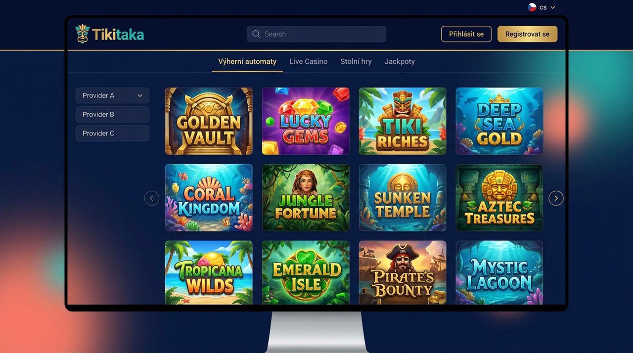 Úvodní stránka online casina Tikitaka s kategoriemi her a nabídkou automatů