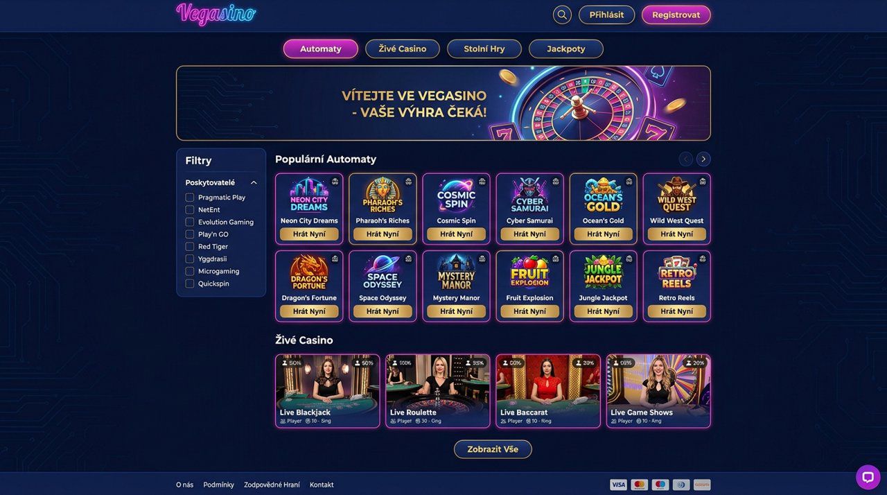 Úvodní stránka online casina Vegasino s nabídkou automatů a živého casina