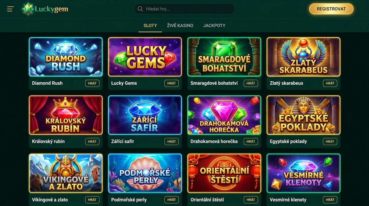 Ukázka webové stránky a herní nabídky online casina Luckygem