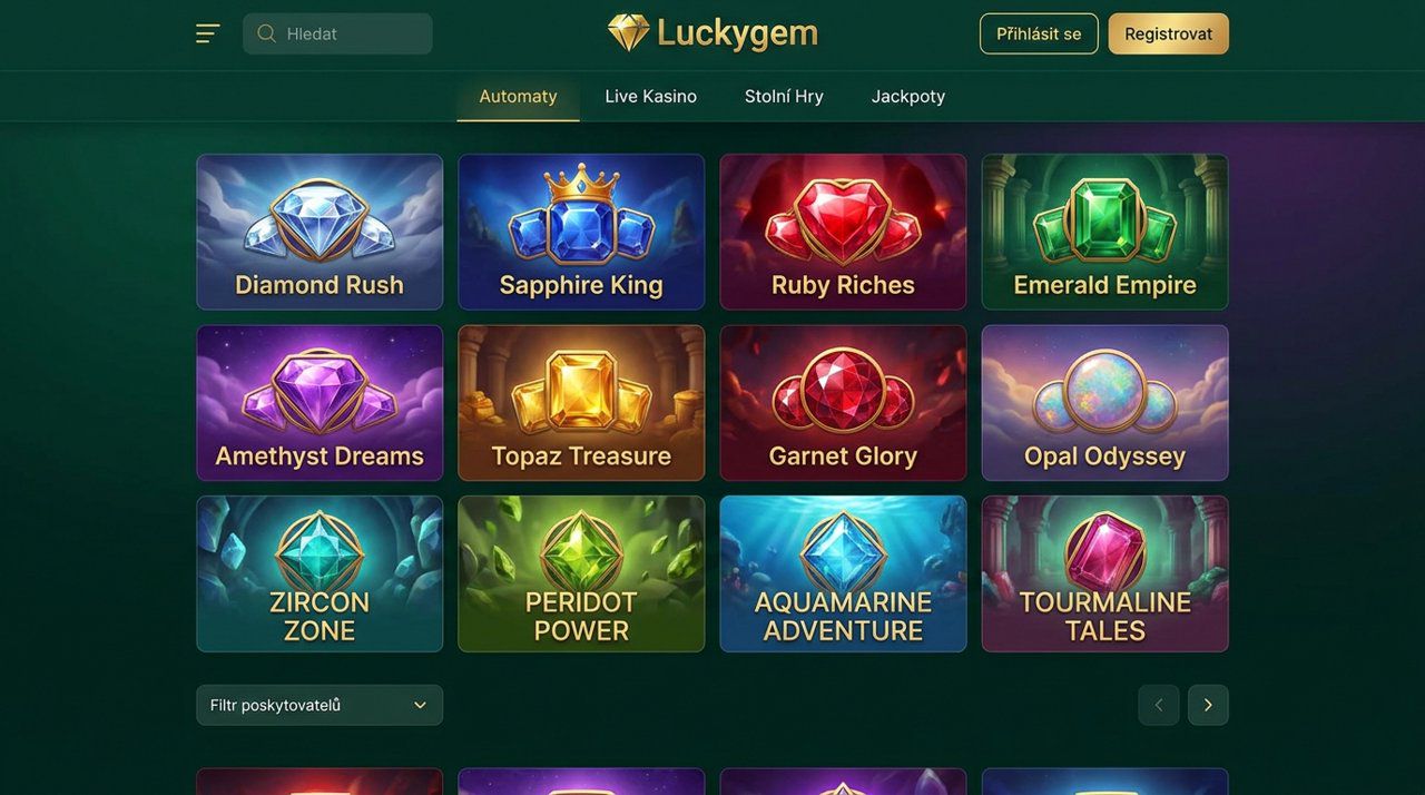 Úvodní stránka online casina Luckygem s kategoriemi automatů, živého kasina, stolních her a jackpotů