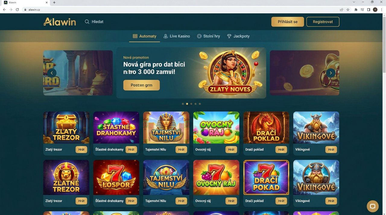 Úvodní stránka online casina Alawin s kategoriemi her